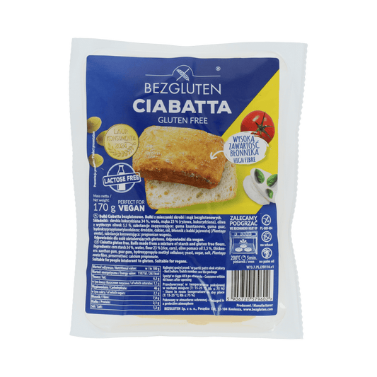Bezgluten gluten-free ciabatta bread in 170g package, showing fresh baked loaf with a golden crust.