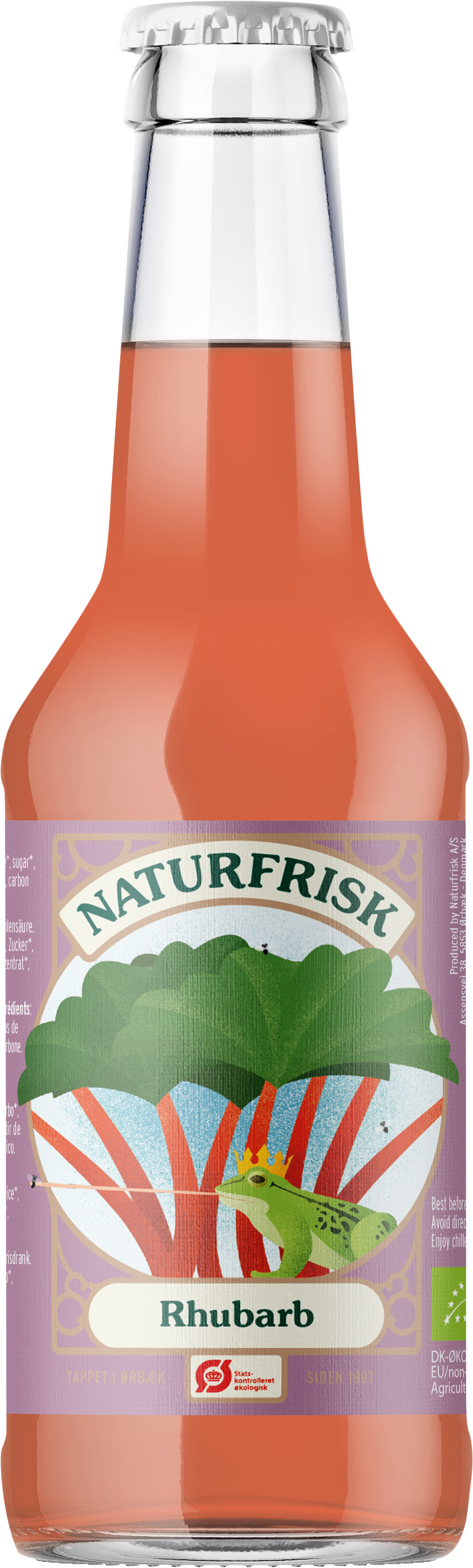 Naturfrisk Rhubarb BIO drink in a 250ml glass bottle, showcasing fresh rhubarb flavor and natural ingredients.