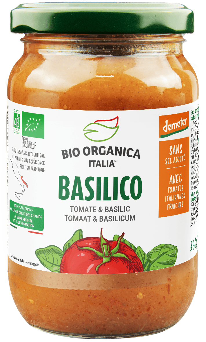 Bio Organica basilicum pasta sauce in a 350g jar, made with Demeter-certified ingredients, ideal for flavorful Italian dishes.