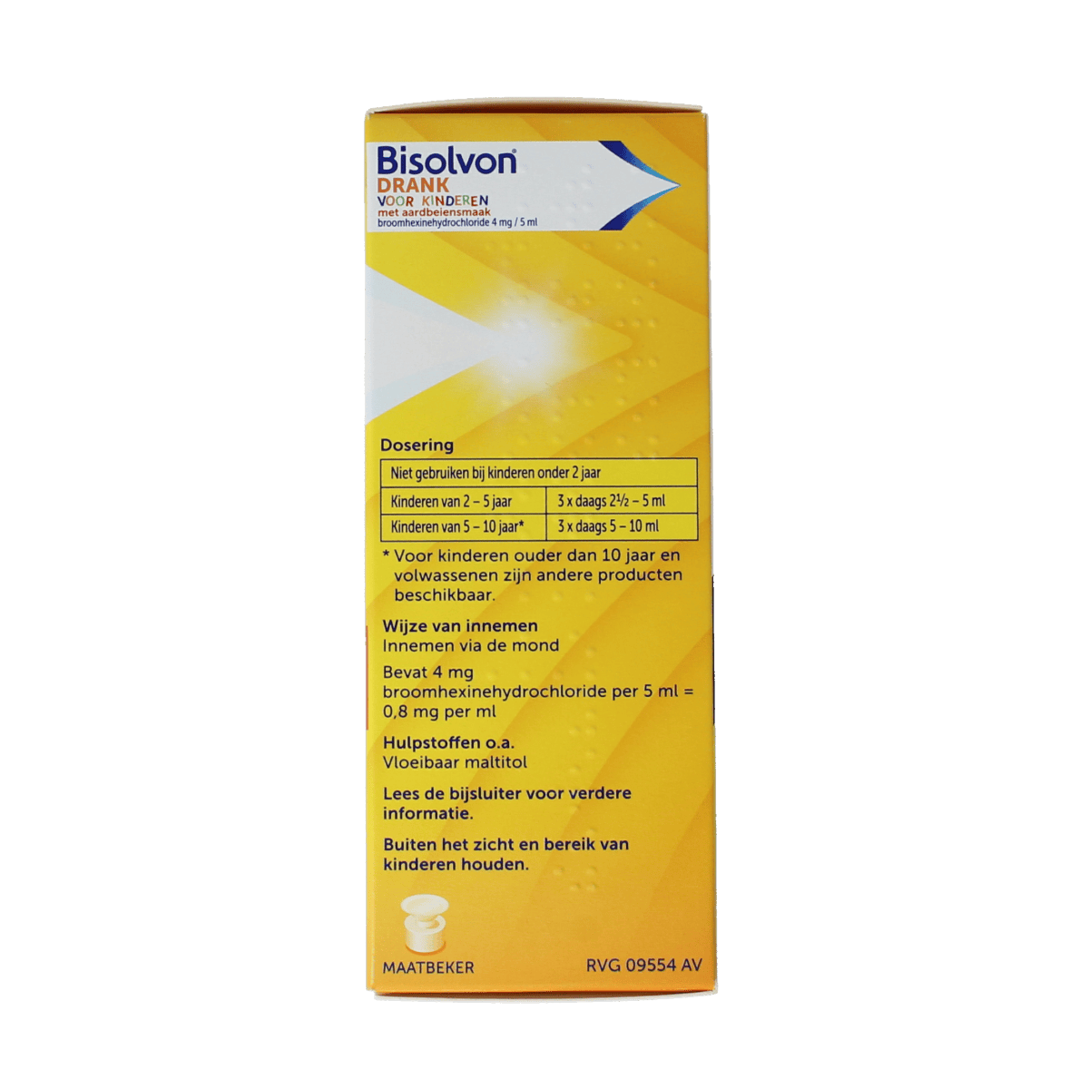 Bisolvon Hoesten drank voor kinderen met aardbei smaak, 100 ml flacon, voor verlichting bij hoest en keelpijn.