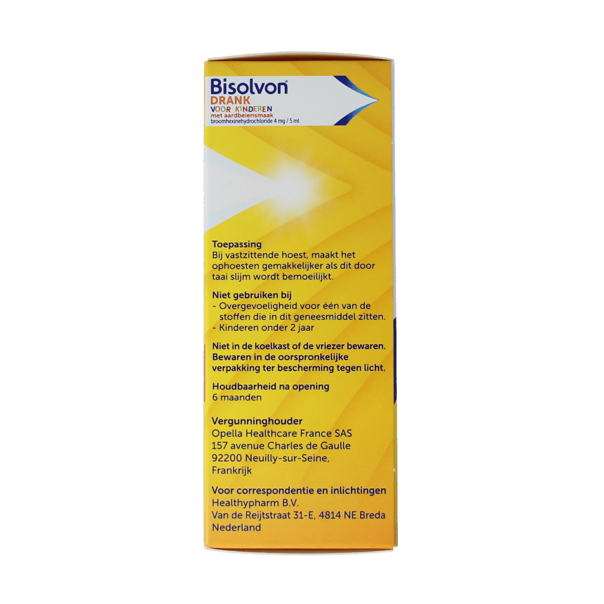 Bisolvon Hoesten Kind aardbei drank bottle, 100ml, for cough relief in children, with strawberry flavor and white cap.