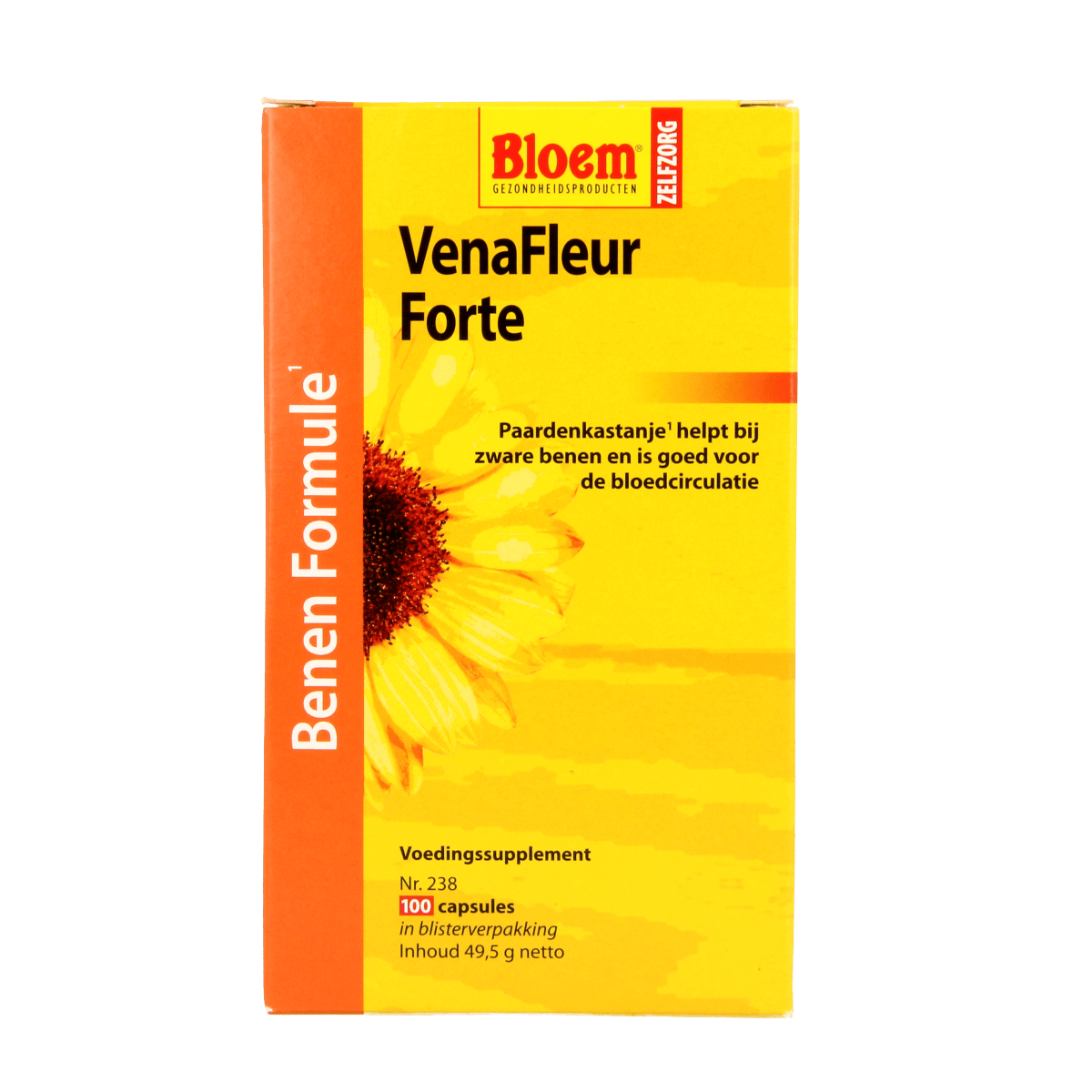 Bloem Venafleur Extra herbal supplement capsules in a clear bottle, featuring 100 capsules of Bloem Kruidenpreparaten.