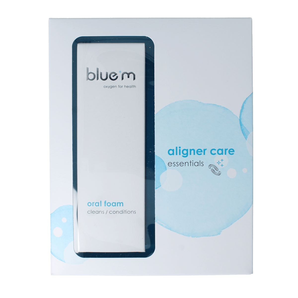 Bluem Aligner Care Kit in a windowed box, dental mouth care set with various tools for oral hygiene and aligner maintenance.