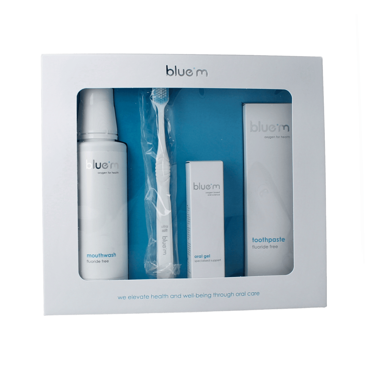 Bluem Implant Care Kit Day-to-Day in window box, dental oral care set for maintaining implant health, includes multiple care products.