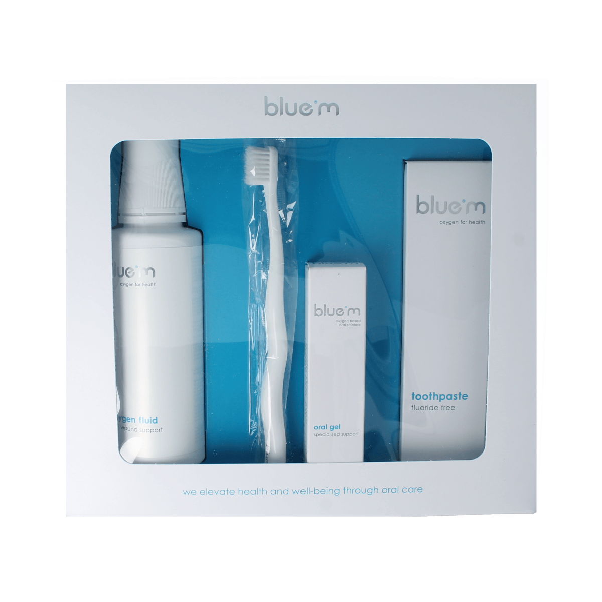 Bluem implant care kit post-surgical vensterdoos set with Mondverzorging products, including dental care tools in a compact box.