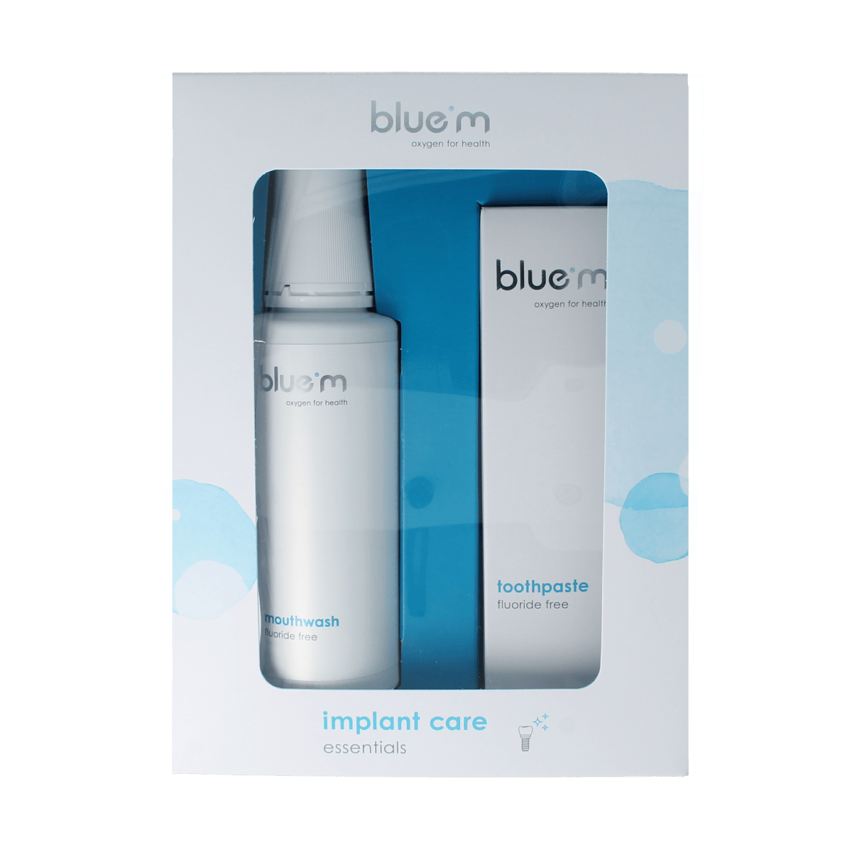 Bluem Implant Daily Care Pack 1.00 set, oral hygiene product for dental implants, featuring brushes and cleaning tools.