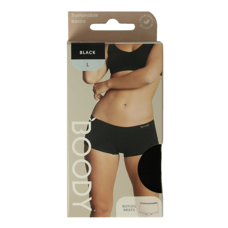 Black Boody women's boyleg slip in size L, made of comfortable eco-friendly fabric, shown lying flat on a white background.