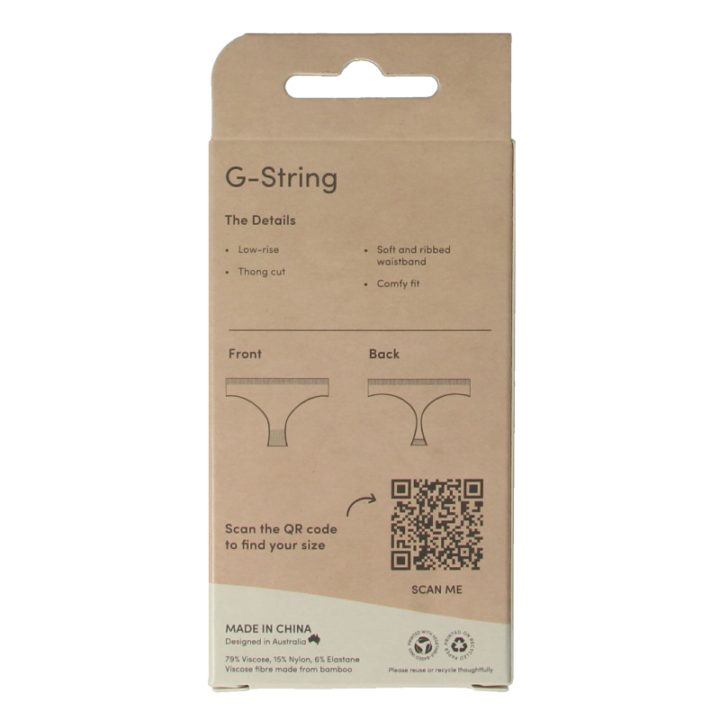 Black Boody G-string underwear in size M, showing the comfortable stretch and sleek design of this eco-friendly clothing piece.