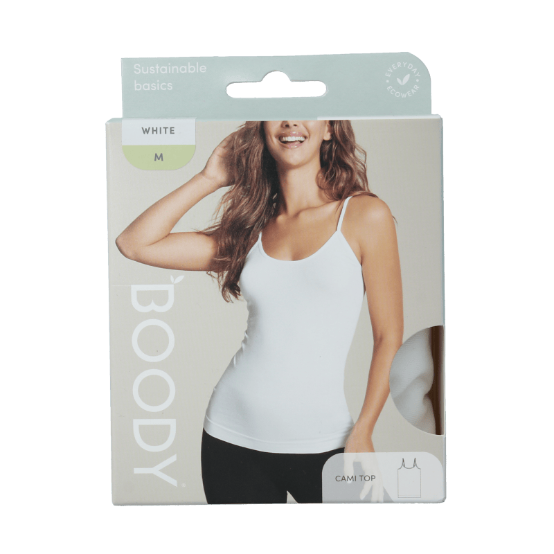 White Boody cami top, seamless undergarment for women, made from comfortable, eco-friendly fabric, shown flat on a plain background.