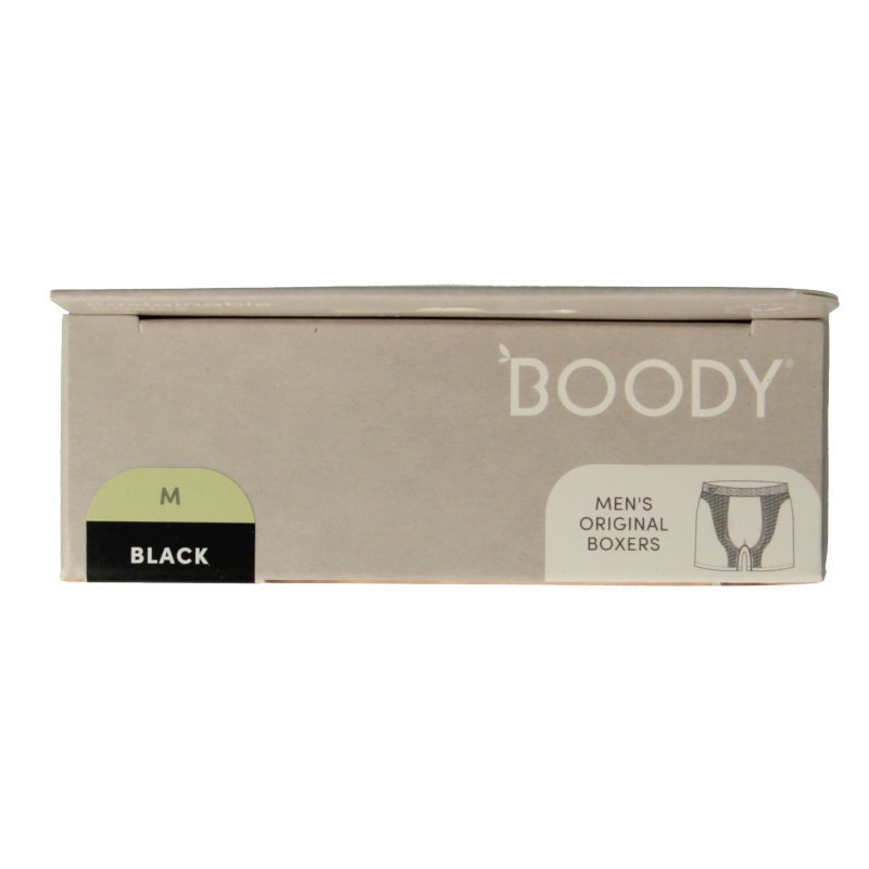 Black men's boxer briefs by Boody, comfortable underwear in size M, shown in a single package.