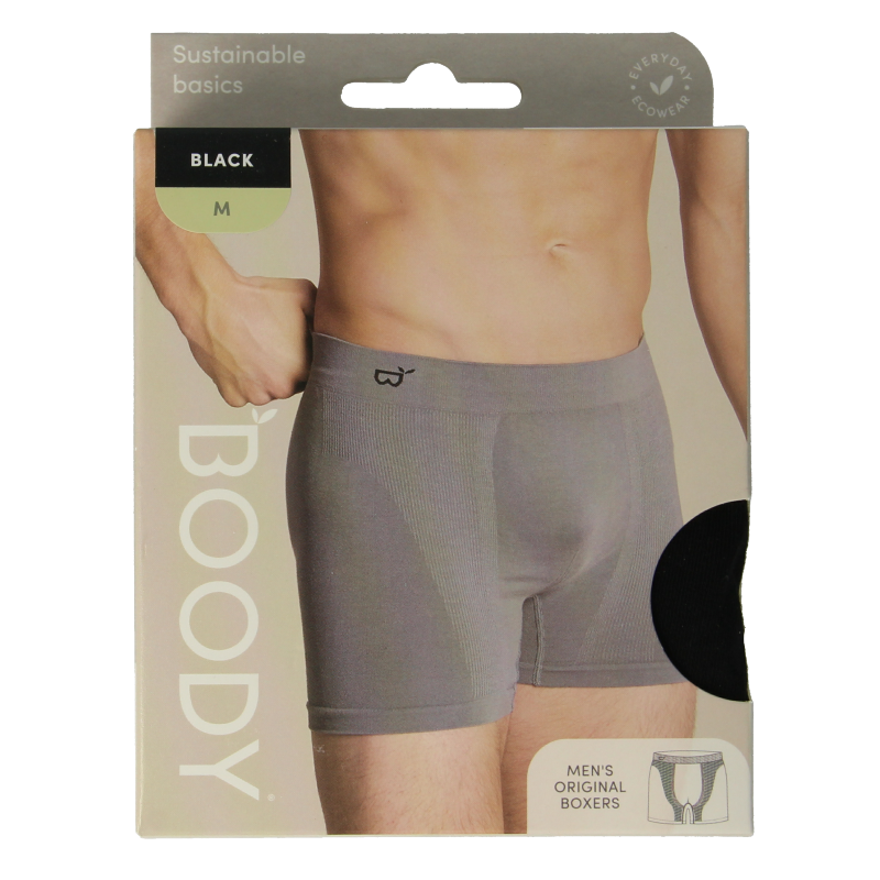 Black men's boxer underwear by Boody in size M, showing the comfortable fabric and fit of the product.