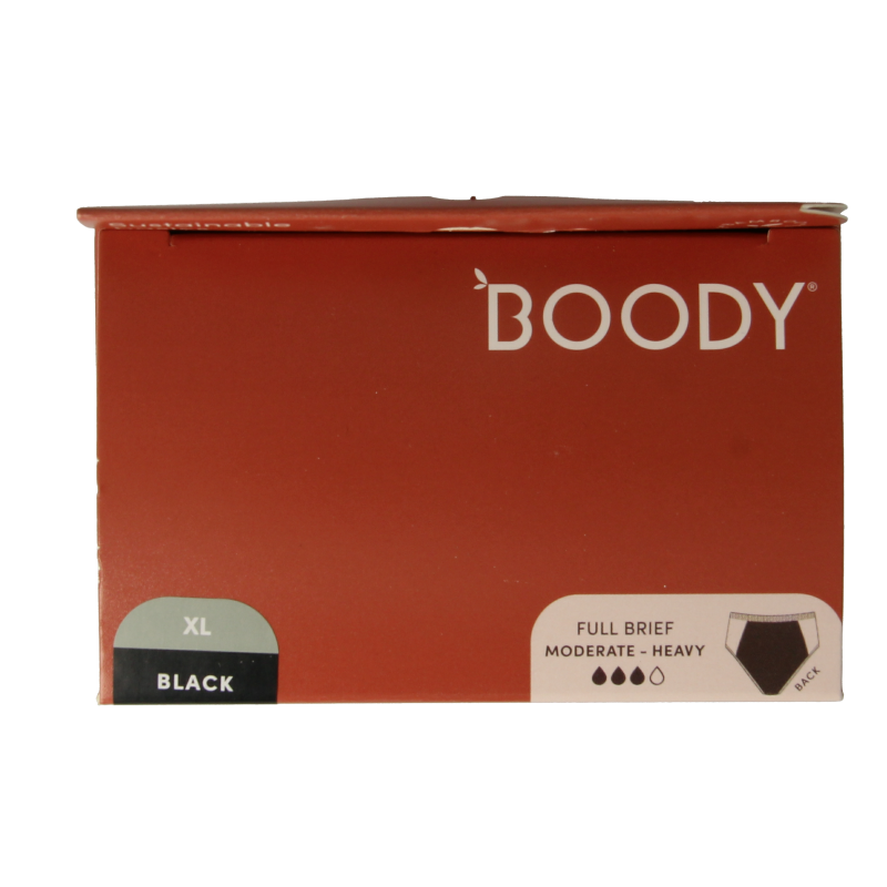 Boody men's menstrual underwear in black, size XL, showing comfortable undergarment with seamless fit and soft fabric.