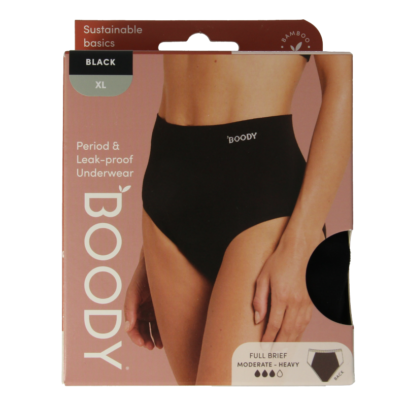 Black Boody mensturation underwear in XL size, showing the comfortable fabric and fit designed for menstrual protection.