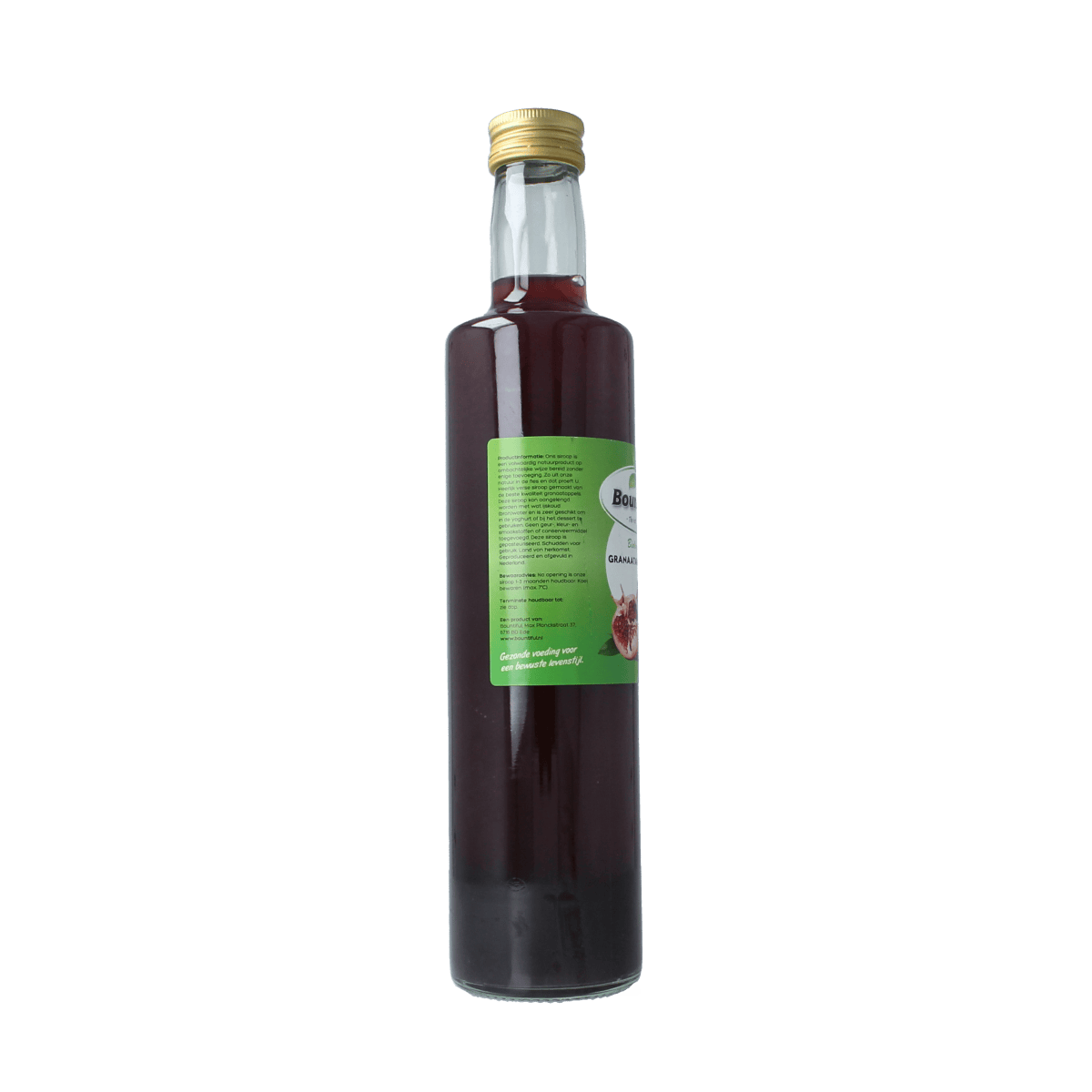 Bountiful organic pomegranate syrup in a 500ml bottle, ideal for drinks and cooking, with vibrant red pomegranate visuals.