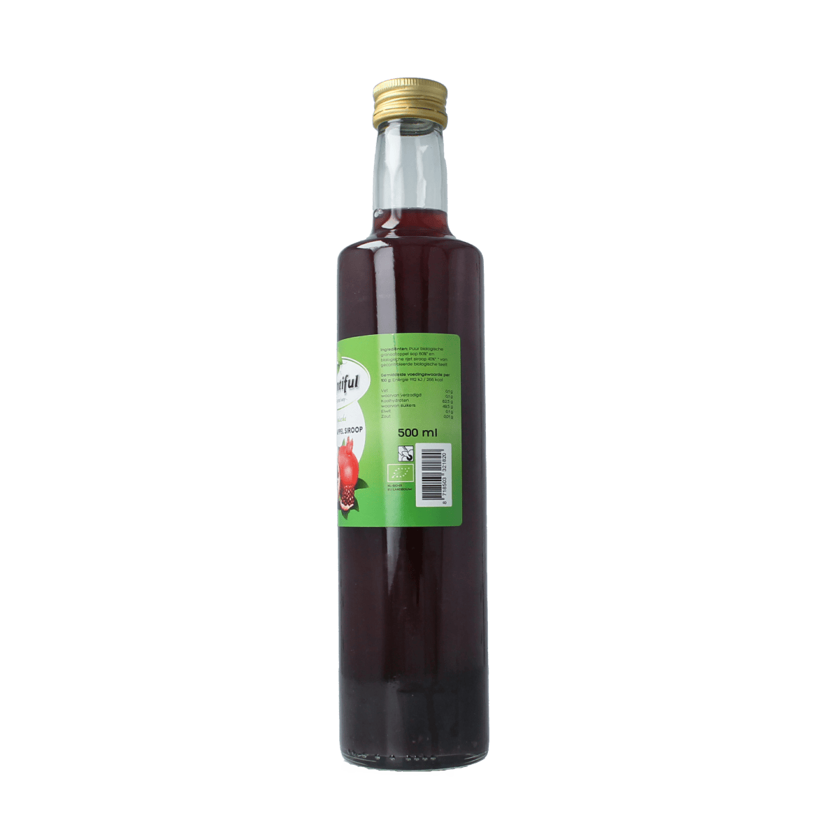 Bountiful organic pomegranate syrup bottle, 500ml, in a clear glass container with a label showing pomegranate imagery.