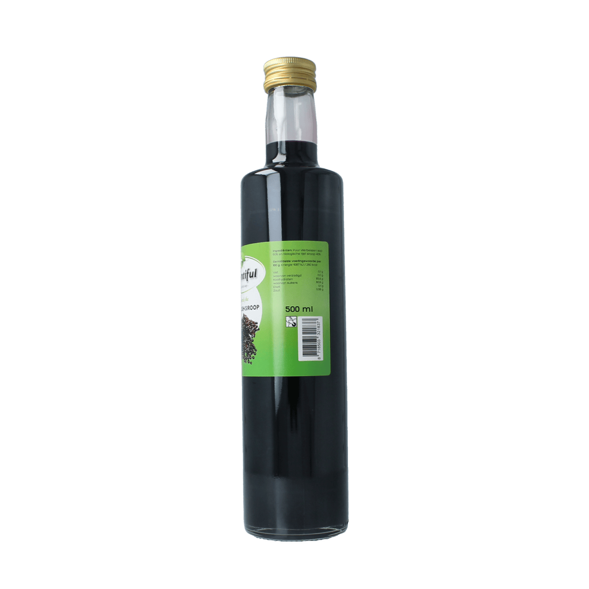 Bountiful Blierbessen siroop 500ml bottle, a berry-flavored syrup for drinks and beverages, in a clear plastic bottle.