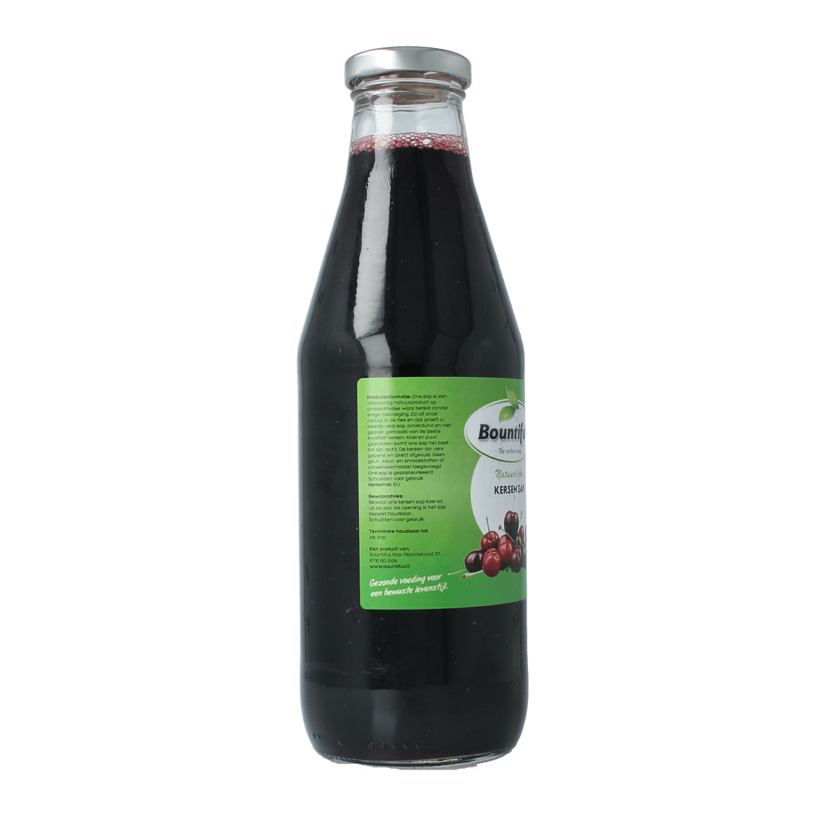 Bountiful Kersensap 750ml bottle of cherry juice in clear plastic bottle, natural fruit drink from Bountiful brand.