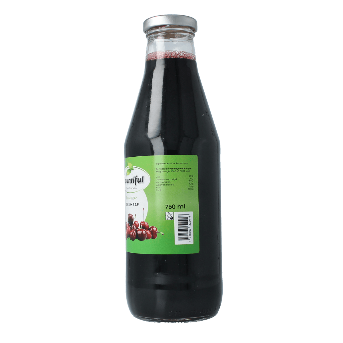 Bountiful Kersensap 750ml bottle of cherry juice, natural drink from the Bountiful brand, with a clear label and red cherry imagery.