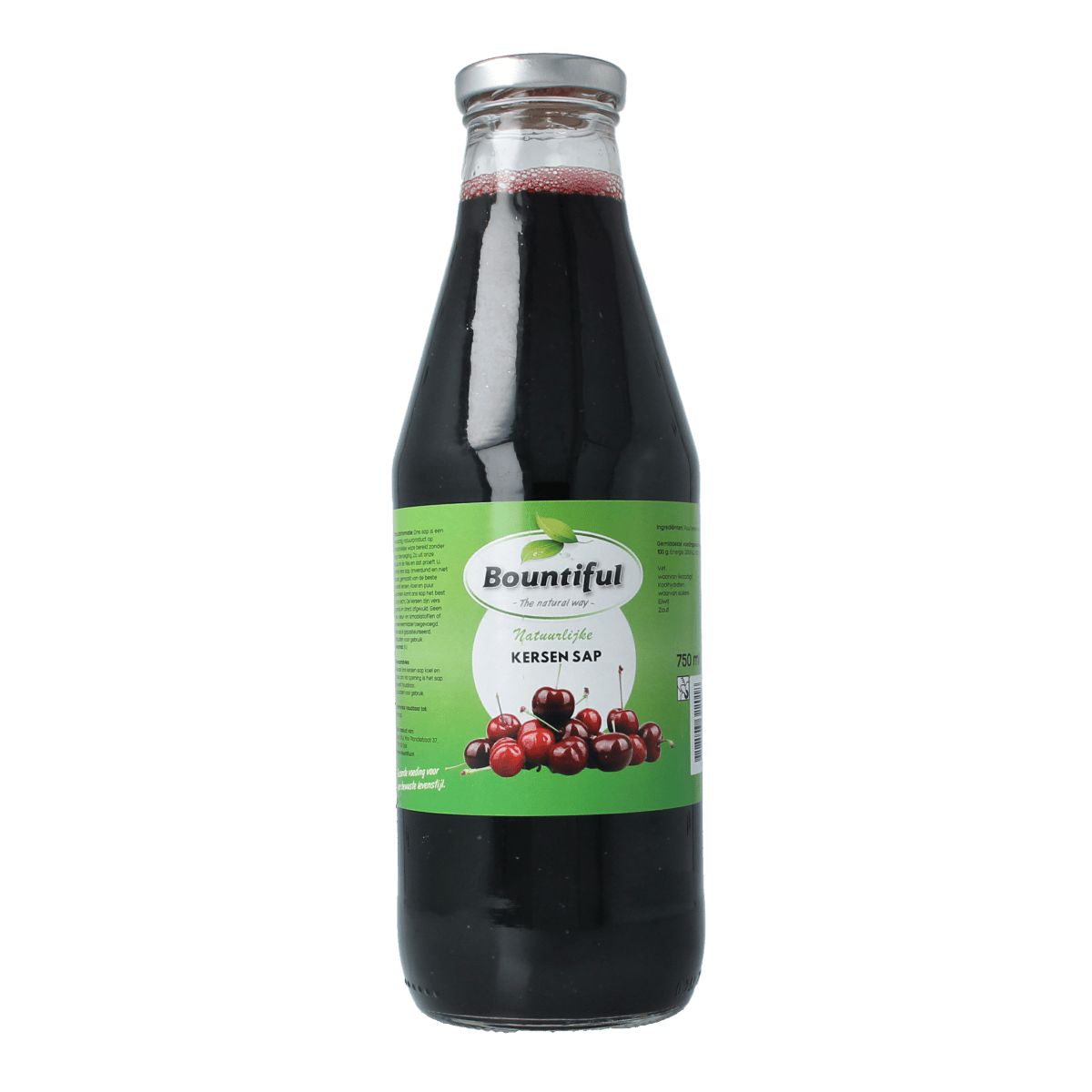 Bountiful Kersensap 750ml bottle, cherry juice in a clear glass bottle with a Bountiful label, ready for consumption.