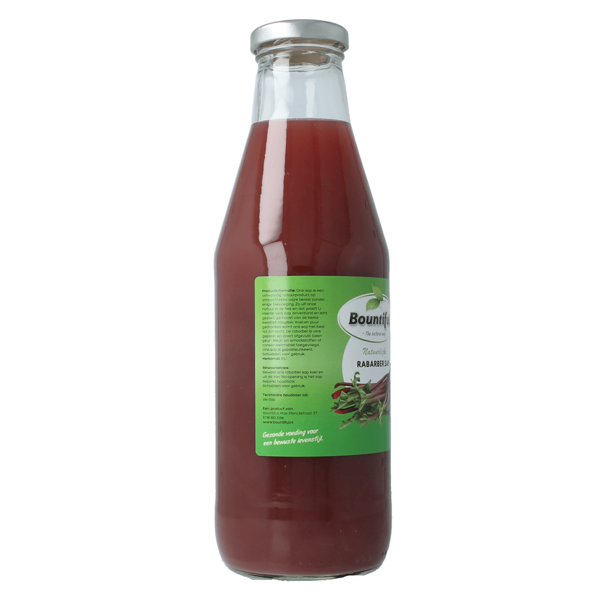 Bountiful Rabarbersap in 750ml bottle, a refreshing rhubarb drink from Bountiful, with a vibrant red liquid visible in the image.