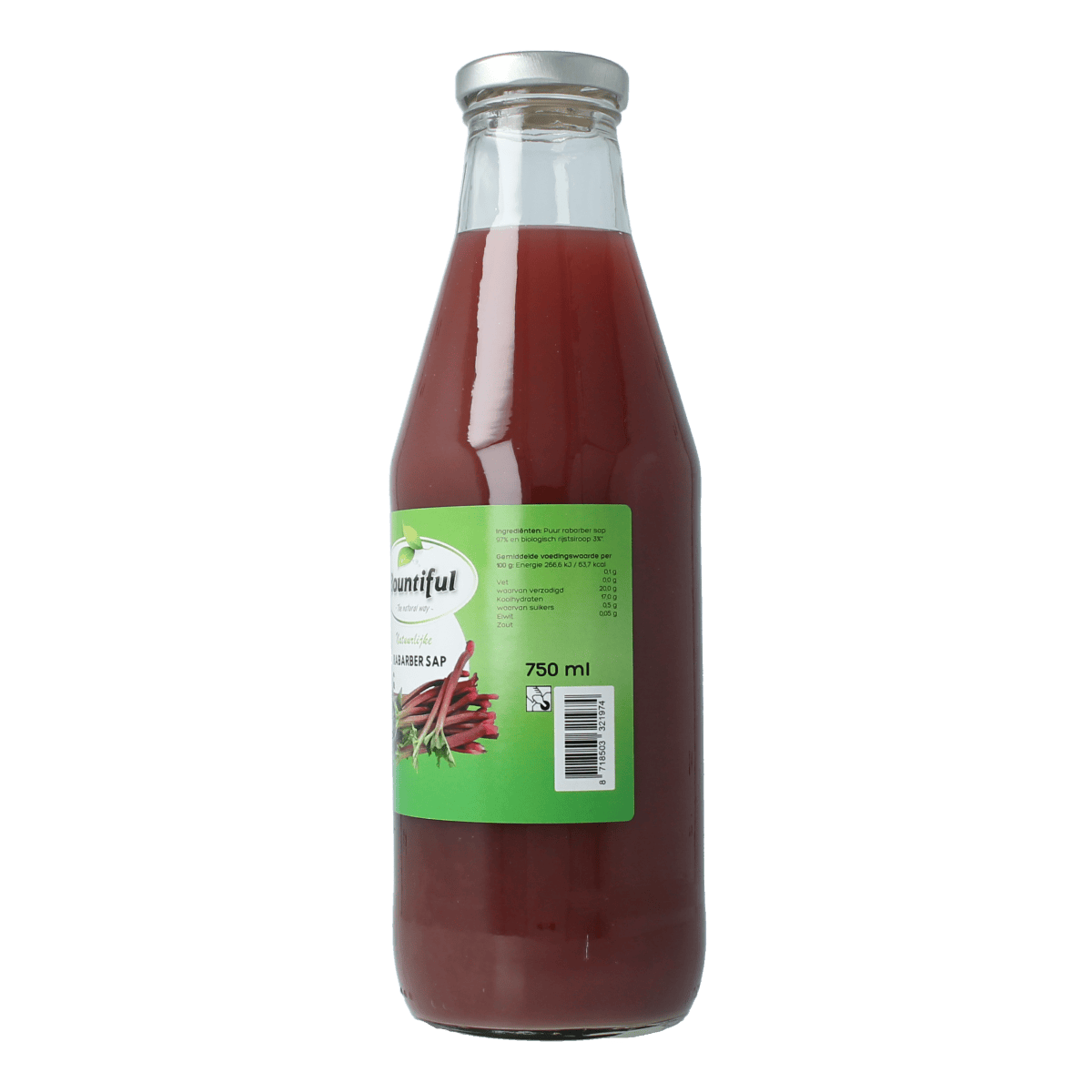 Bountiful Rabarbersap in a 750ml bottle, refreshing red rhubarb drink from Bountiful, suitable for beverages and healthy hydration.