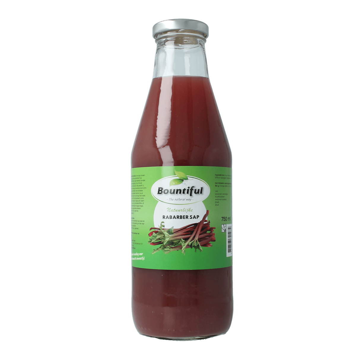 Bountiful Bountiful Rabarbersap 750ml bottle of rhubarb syrup in clear glass bottle, label visible, on a plain background.