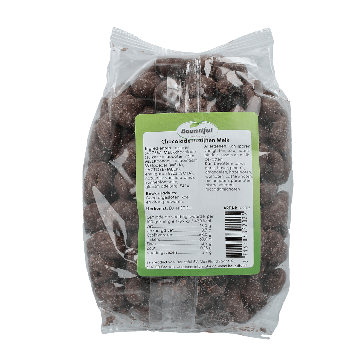 Bountiful Best Choice Choc Rozijnen melk snack 500g in colorful packaging, chocolate and raisin flavored treat from Bountiful.