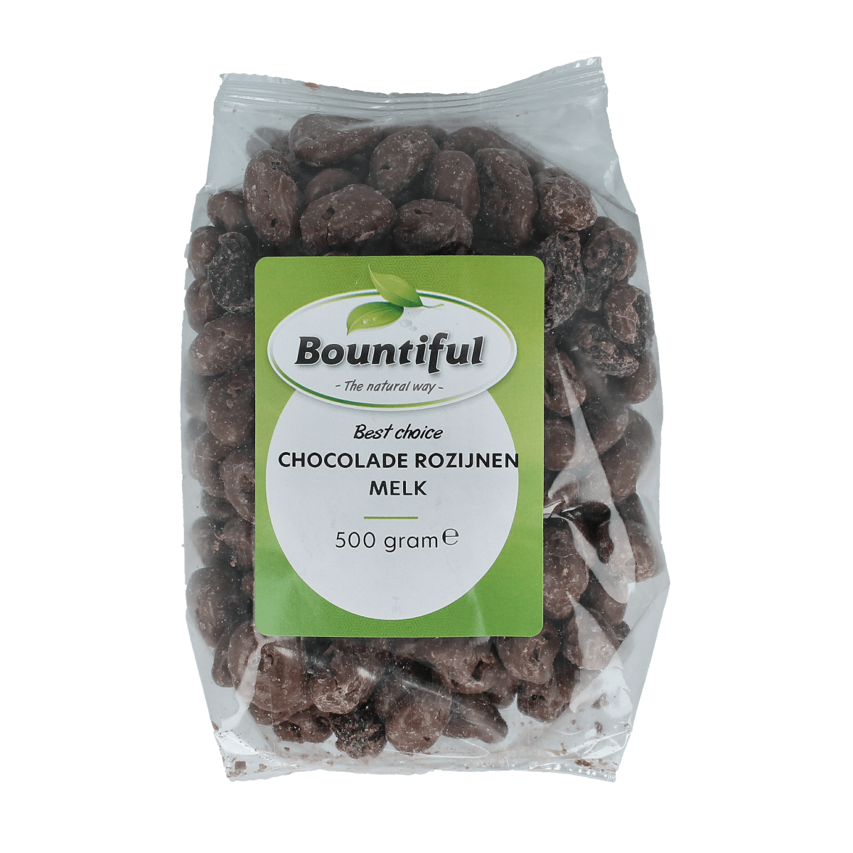 Bountiful Best Choice Choc Rozijnen melk snack 500g, chocolate and raisin treat in a clear package, ideal for snacks and tussendoortjes.