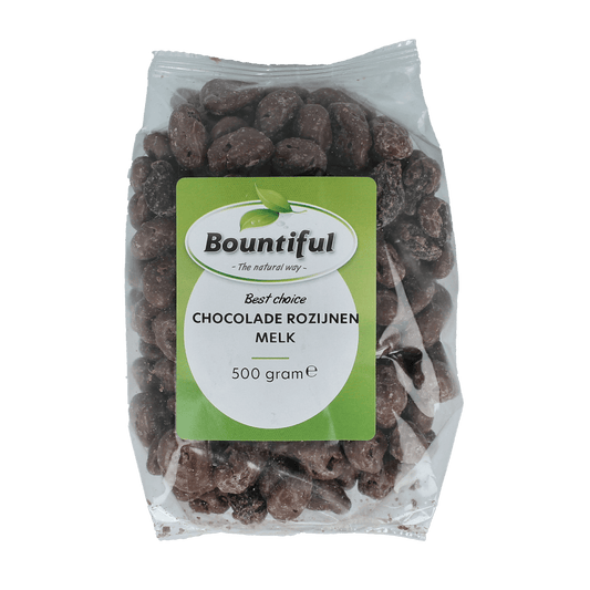 Bountiful Best Choice Choc Rozijnen melk snack 500g, chocolate and raisin treat in a clear package, ideal for snacks and tussendoortjes.