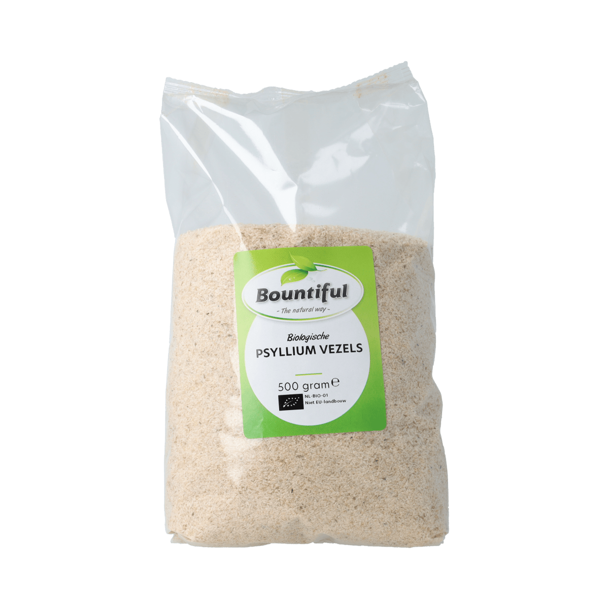 Bountiful Psyllium Vezels Bio 500g, dietary fiber supplement with natural psyllium husk in a clear jar