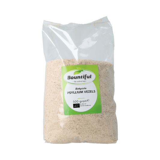 Bountiful Psyllium Vezels Bio 500g, dietary fiber supplement with natural psyllium husk in a clear jar