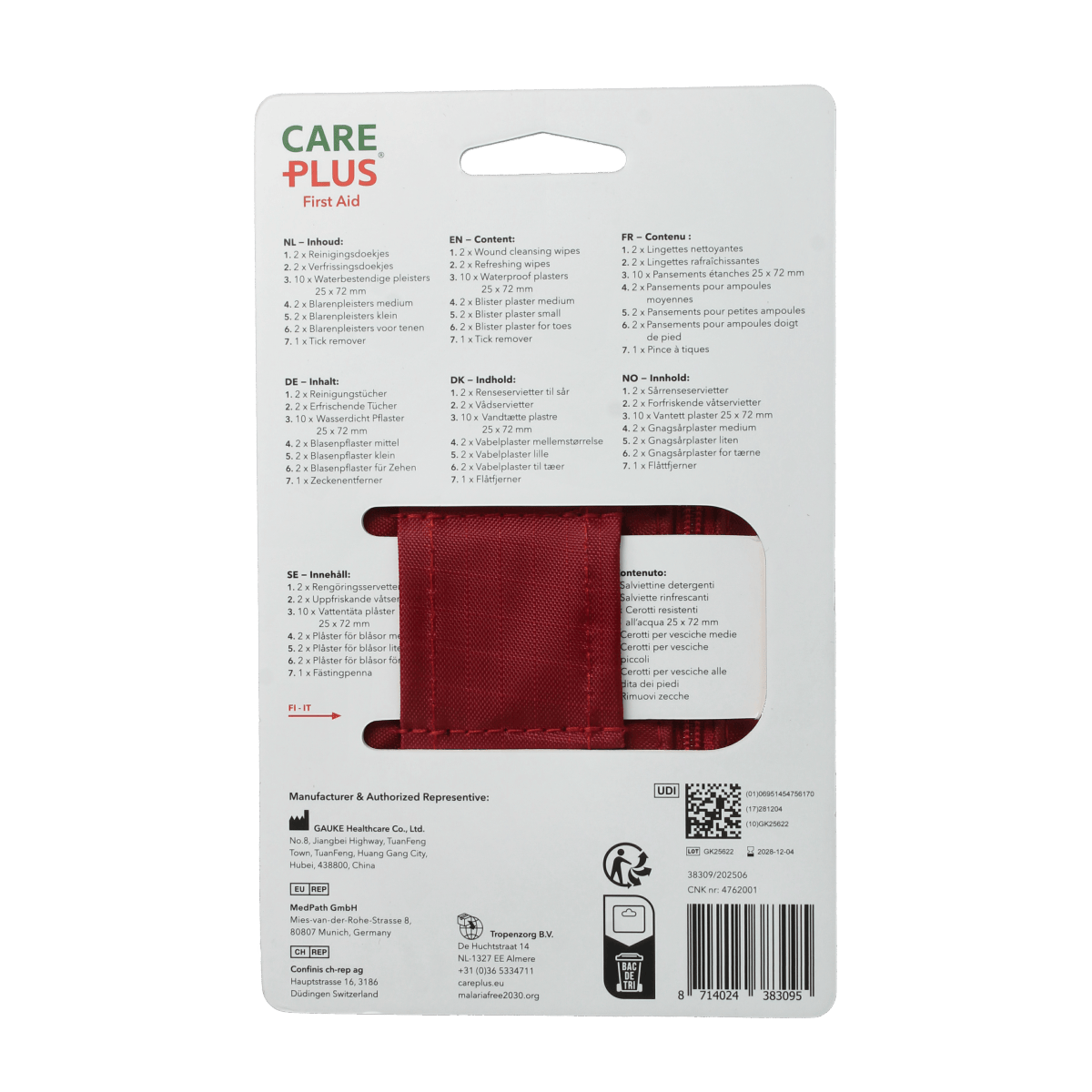 Care Plus First Aid Kit Light for walkers, compact EHBO set with essential medical supplies in a portable container.