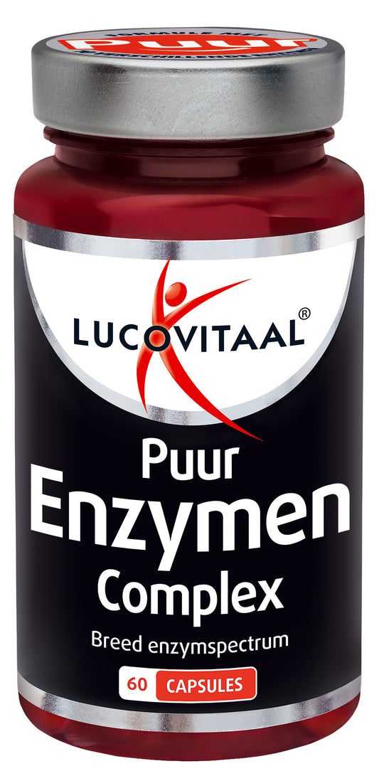 Lucovitaal Enzymen Complex Puur supplement capsules, close-up of the 60-capsule bottle showing the product label and capsules.