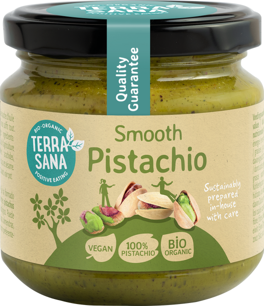 TerraSana Pistachepasta bio in 175g jar, natural pistachio butter made with organic ingredients.