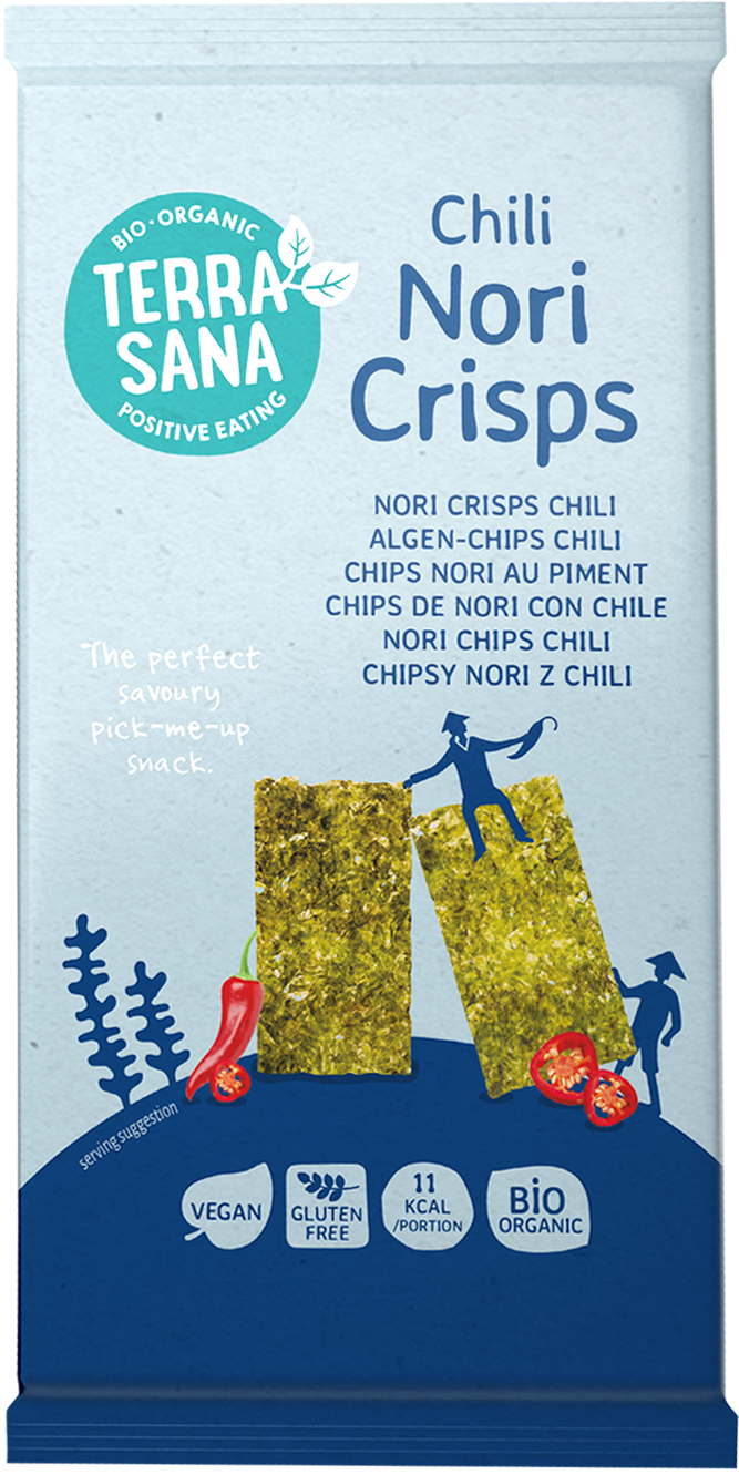 TerraSana Nori Crisps Chili bio snack in 16g portion pack, crispy seaweed snack with chili flavor from TerraSana.