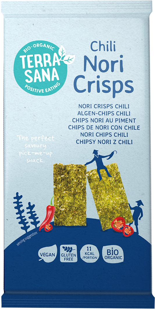 TerraSana Nori Crisps Chili bio snack in 16g portion pack, crispy seaweed snack with chili flavor from TerraSana.