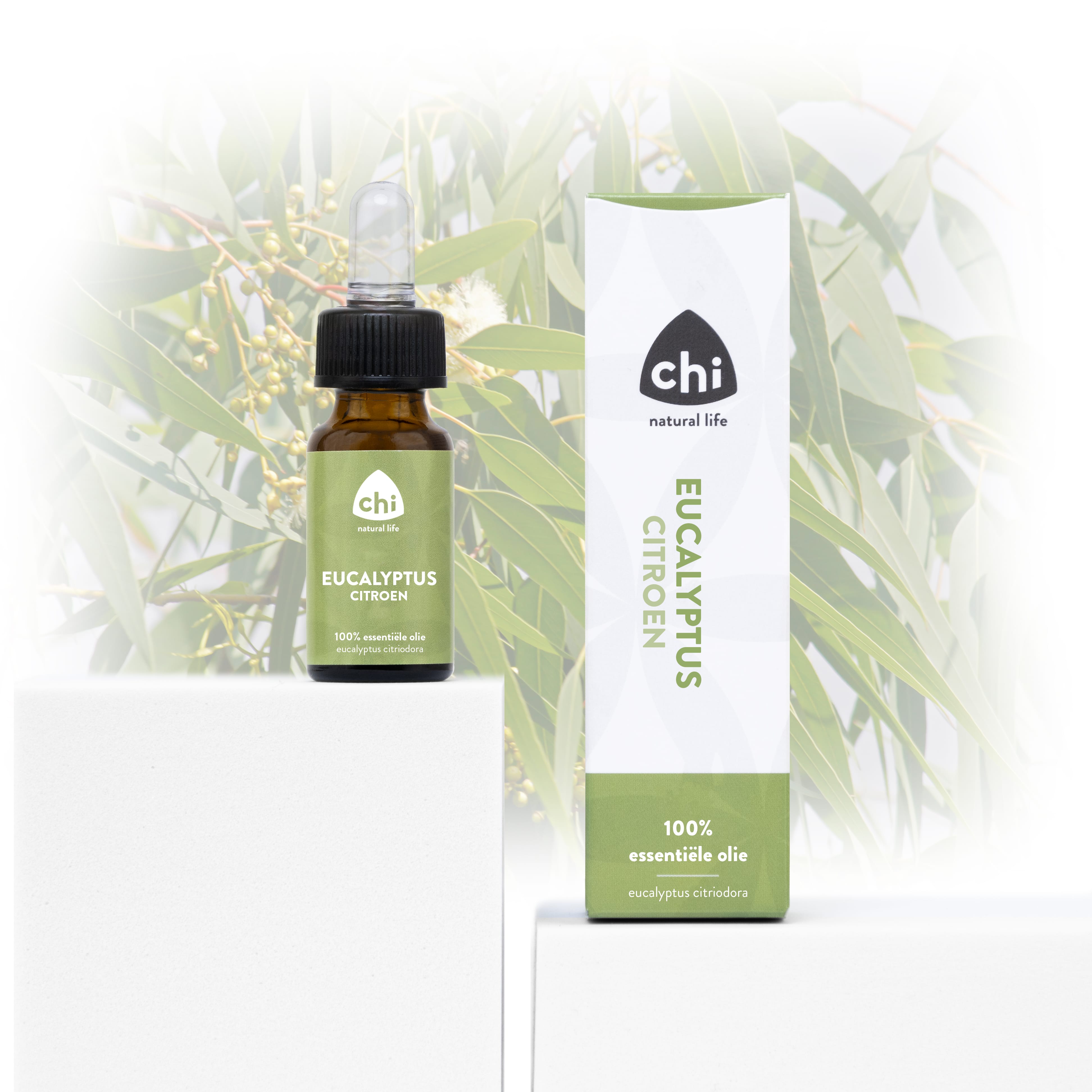 Chi Eucalyptus Citroen essential oil bottle, 10ml, natural aromatic oil from Chi brand, with a clear label and cap.