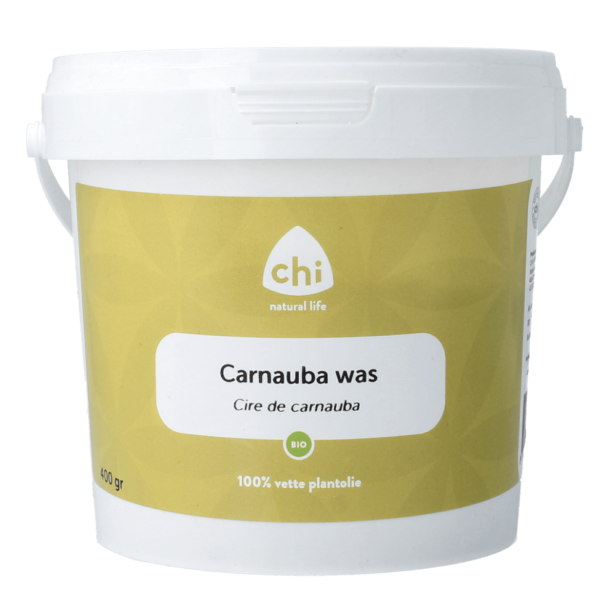 Chi Carnauba Was Bio body care product in 400g container, featuring natural ingredients and eco-friendly packaging.