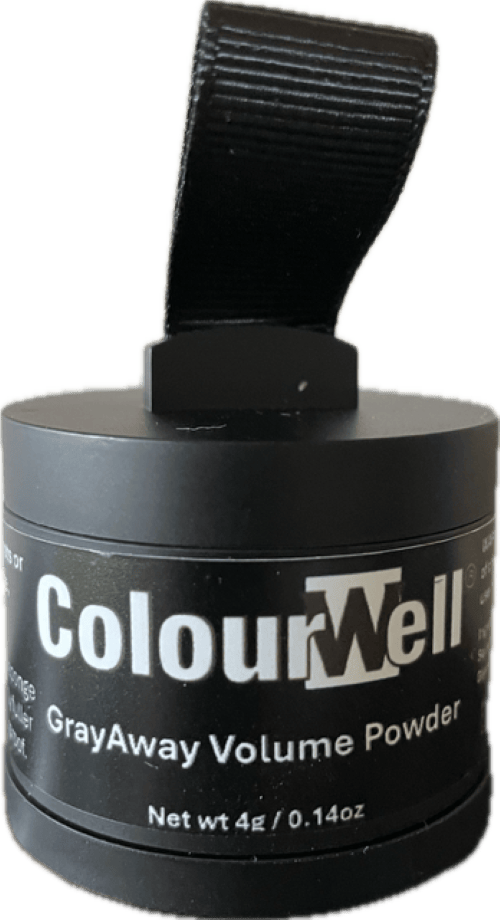 Colourwell GreyAway Volume Powder for hair styling, black 4g, in a small container showing the powder inside.