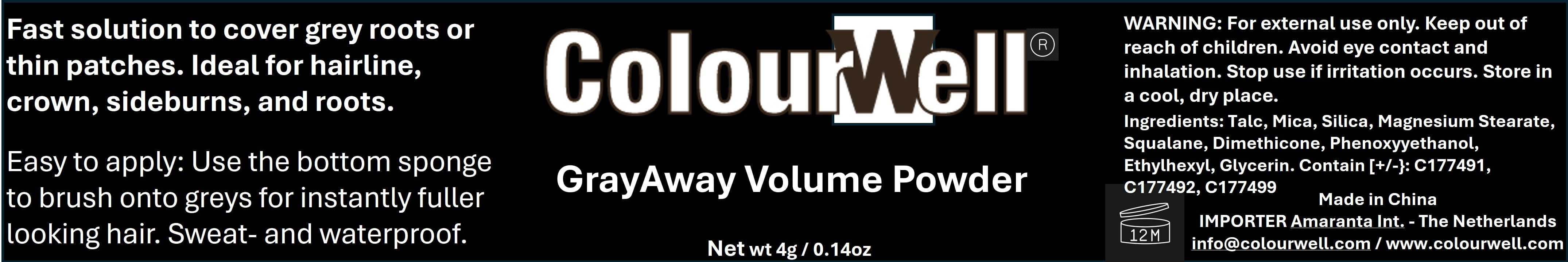 Colourwell GreyAway Volume Powder in Dark Blonde 4g, a hair styling powder displayed in a clear container with product label.