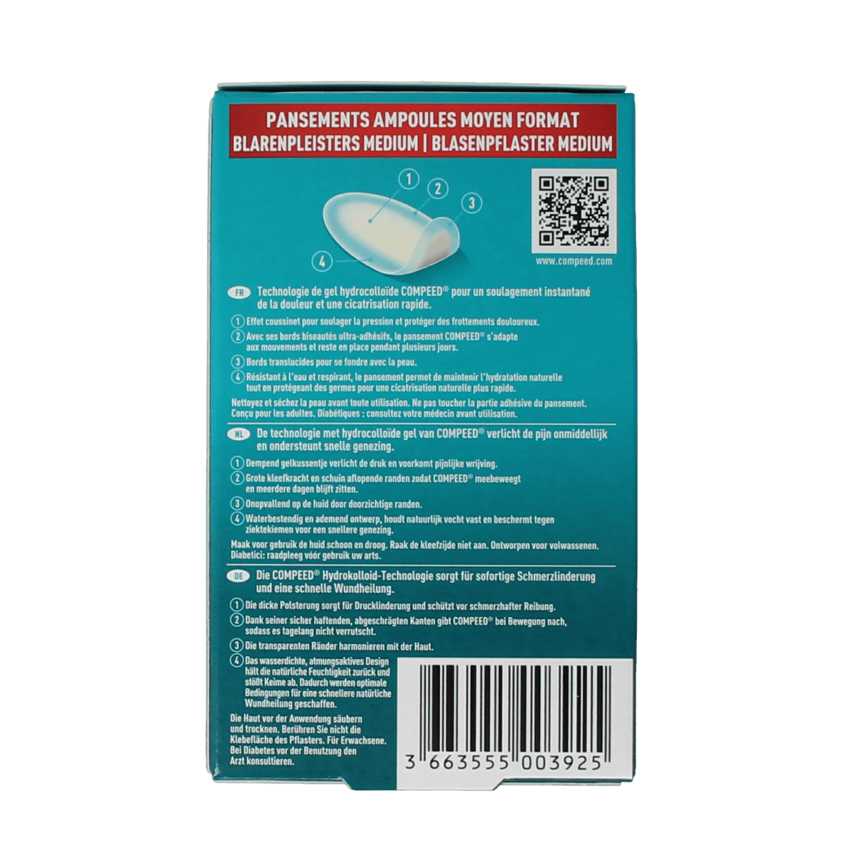 Medium Compeed blister plasters for foot care, 12-pack, designed to protect and soothe blisters on the feet.