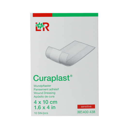 Curaplast Sensitive wound dressing strips, 4x10cm, pack of 10, designed for gentle skin protection and wound care.