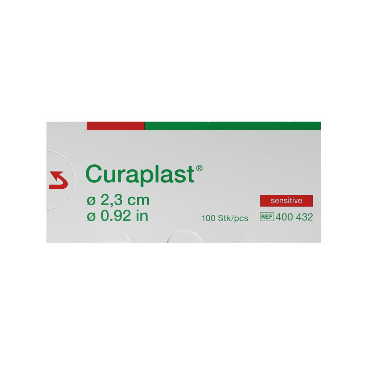 Curaplast Sensitive round wound plaster, 2.3cm, pack of 100, for gentle skin protection and sensitive skin care.
