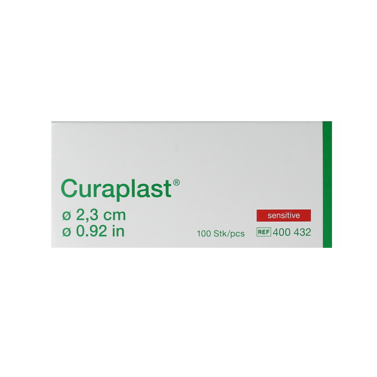 Curaplast Sensitive wound dressing tape, round 2.3cm, pack of 100 for gentle skin protection and wound care.