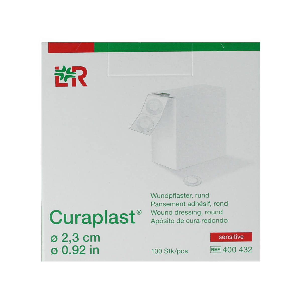 Curaplast Sensitive wound dressing patches, round 2.3cm, pack of 100, for gentle skin protection and minor wound care.