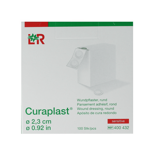 Curaplast Sensitive wound dressing patches, round 2.3cm, pack of 100, for gentle skin protection and minor wound care.