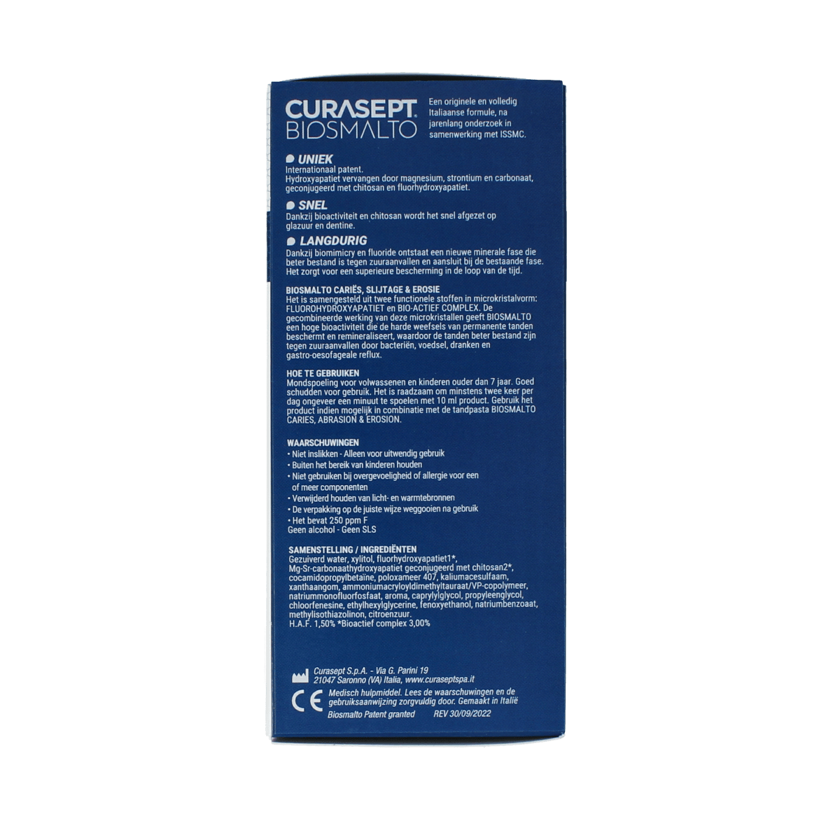 Curasept Biosmalto mouthwash for caries, erosion, and wear in a 300ml bottle, showing the mouthwash bottle and label.