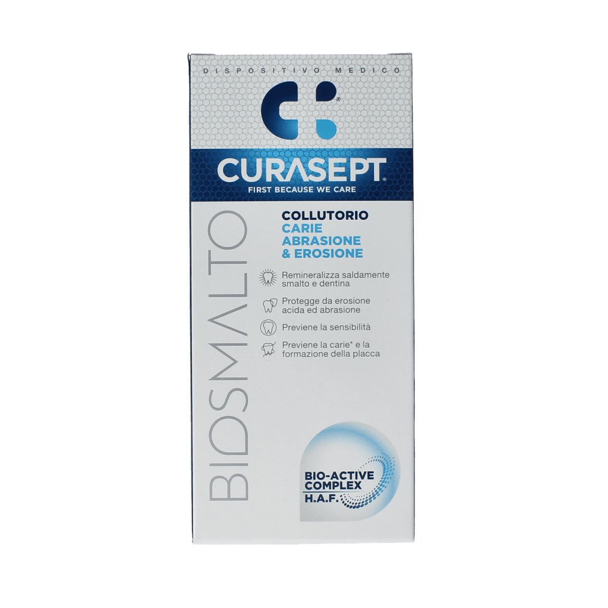 Curasept Biosmalto mouthwash in a 300ml bottle, designed to protect against dental caries, erosion, and wear.