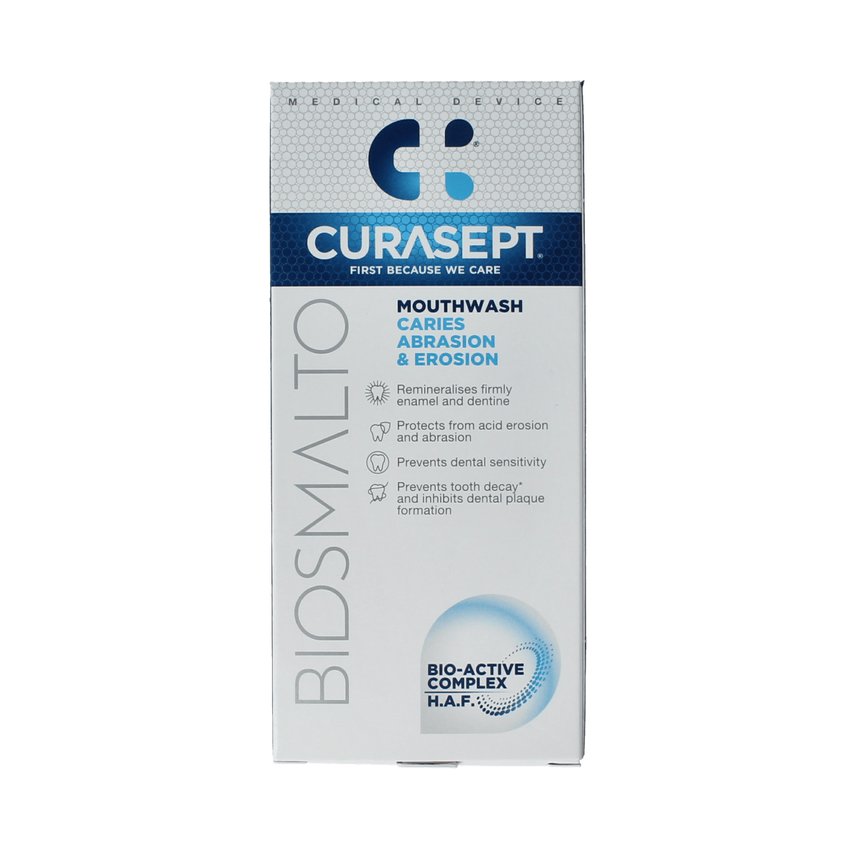 Curasept Biosmalto mouthwash for caries, erosion, and wear in a 300ml bottle, shown in a clear bottle with label.