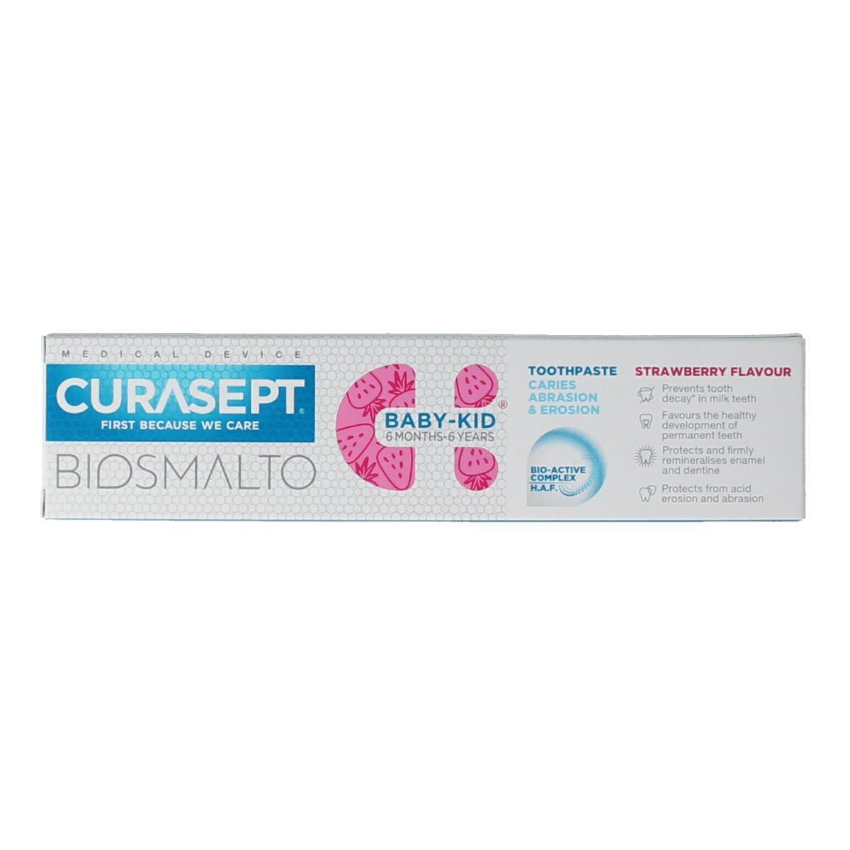 Curasept Biosmalto toothpaste for children with caries and erosion protection, 50ml tube showing the packaging and product label.